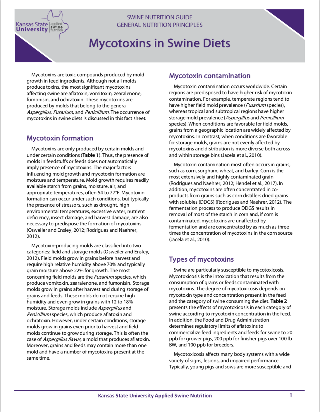 Mycotoxins in swine diets